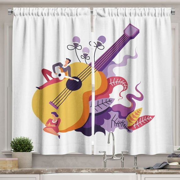 Ambesonne Music Kitchen Curtains, Guitarist Performing, 55"x45", Mustard and Multicolor