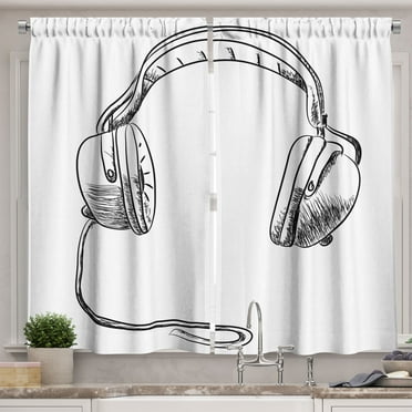 Ambesonne Music Kitchen Curtains, Sketchy DJ Headphones, 55"x39", Black White
