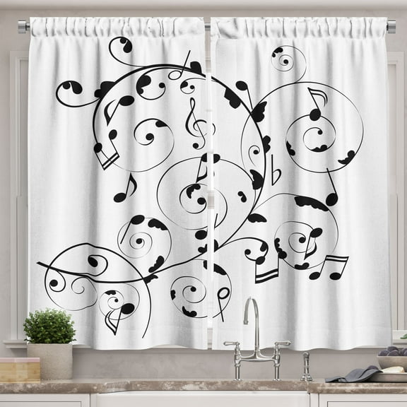 Ambesonne Music Kitchen Curtains, Treble Chef Curlicue Motif, 55"x45", White Charcoal Grey