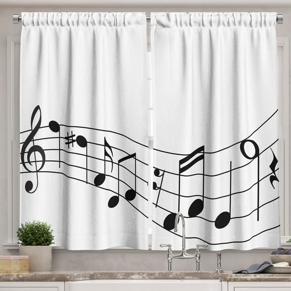 Ambesonne Music Note Kitchen Curtains, Graphic Design of Sounds, 55"x45", Charcoal Grey and White
