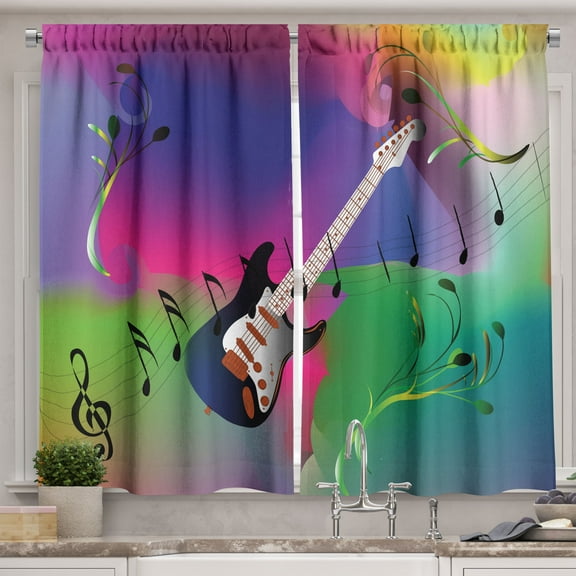 Ambesonne Music Note Kitchen Curtains, Guitar on Colorful Back, 55"x45", Multicolor