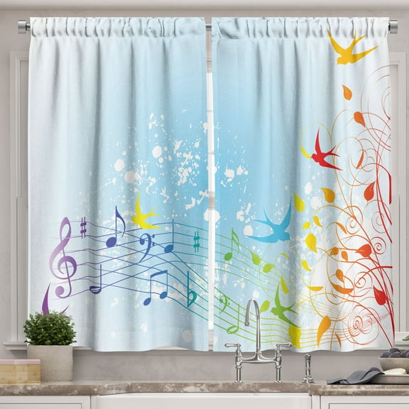 Ambesonne Music Note Kitchen Curtains, Spring Scene Flourishes, 55"x45", Multicolor