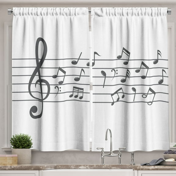 Ambesonne Music Note Kitchen Curtains, Treble Clef on Lines, 55"x30", Charcoal Grey and White