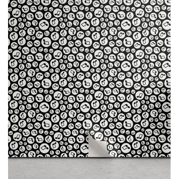 Ambesonne Music Peel & Stick Wallpaper for Home, Fun Notes Circular Hoops, 13"x72", Black White