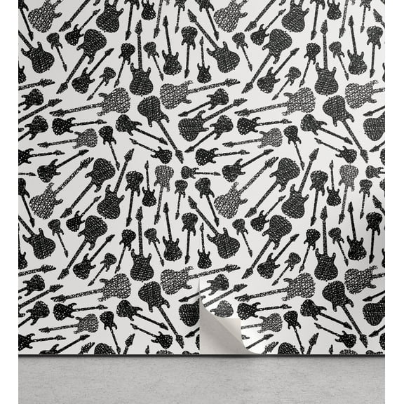 Ambesonne Music Peel & Stick Wallpaper for Home, Grunge Electric Guitars, 13"x36", Black Grey White