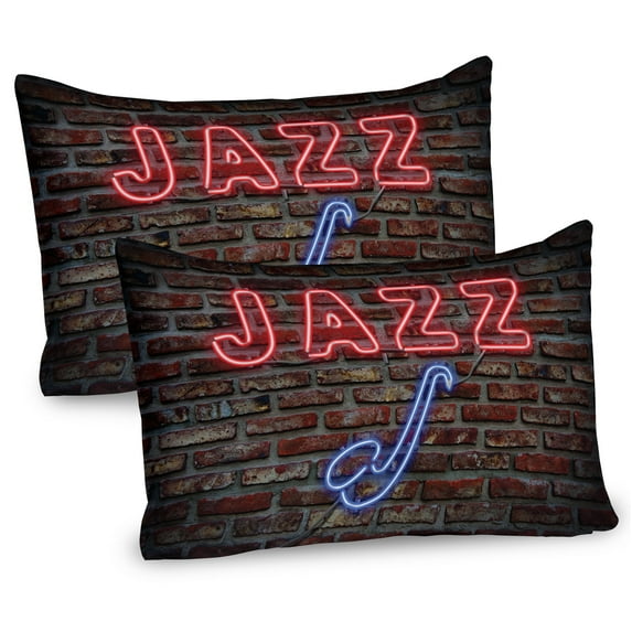 Ambesonne Music Pillow Sham 2 Pack, All Jazz Sign Brick Wall, 30"x20", Red Blue