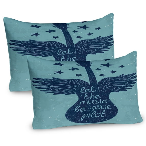 Ambesonne Music Pillow Sham 2 Pack, Guitar Wings Stars Words, 30"x20", Slate Blue Navy Blue