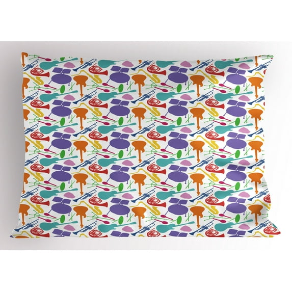 Ambesonne Music Pillow Sham, Colorful Instruments Bass, 26" X 20", Multicolor