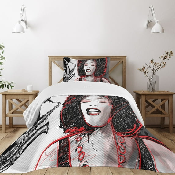 Ambesonne Music Quilted Bedspread Set 2 Pcs, Afro Lady Sings Jazz Song, Twin Size, Pale Grey Black