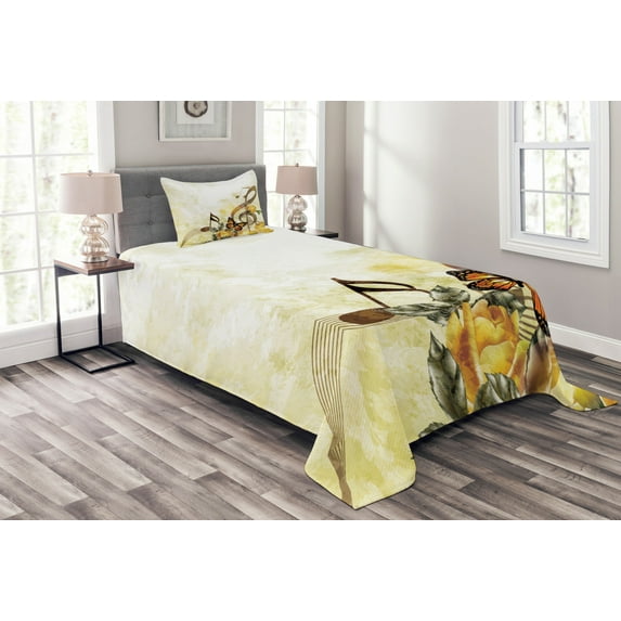 Ambesonne Music Quilted Bedspread Set 2 Pcs, Bridal Wedding Floral, Twin Size, Sepia and Yellow