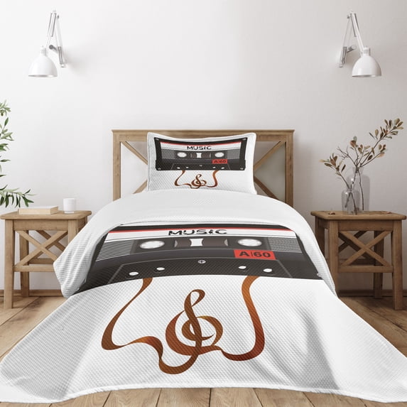 Ambesonne Music Quilted Bedspread Set 2 Pcs, Broken Cassette, Twin Size, Orange Caramel White