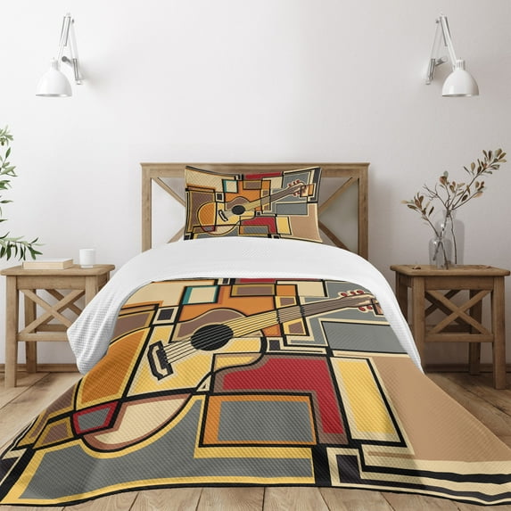 Ambesonne Music Quilted Bedspread Set 2 Pcs, Geometric Guitar Funky, Twin Size, Multicolor