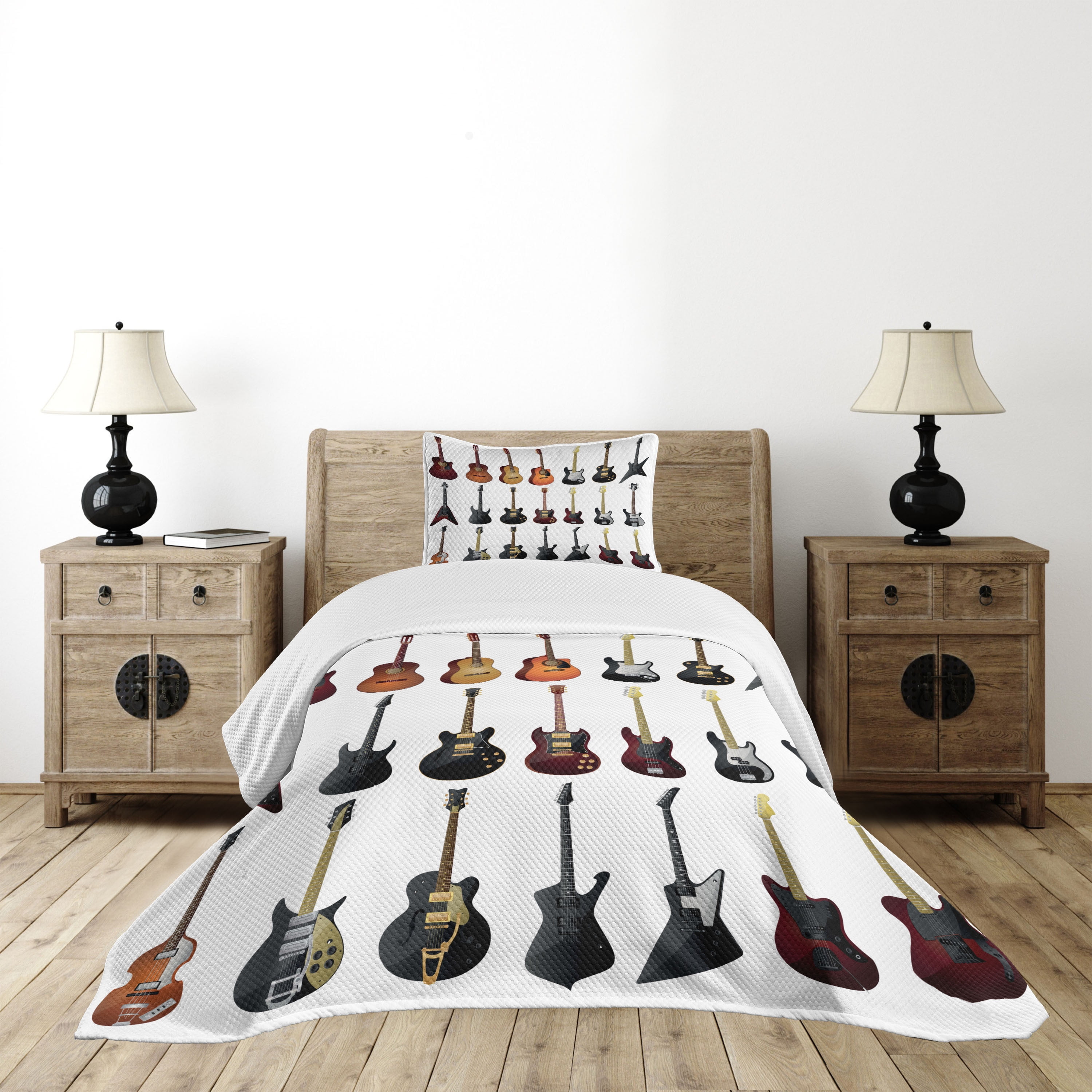 White Twin Kids Unisex Guitar Print Bedspread Set