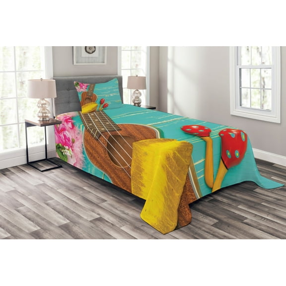 Ambesonne Music Quilted Bedspread Set 2 Pcs, Hawaiian Summer Ukulele, Twin Size, Yellow Brown Aqua