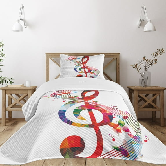 Ambesonne Music Quilted Bedspread Set 2 Pcs, Notes Rhythm Art, Twin Size, Multicolor