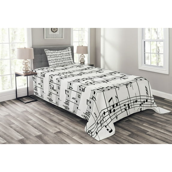 Ambesonne Music Quilted Bedspread Set 2 Pcs, Notes on the Clef, Twin Size, Black and White