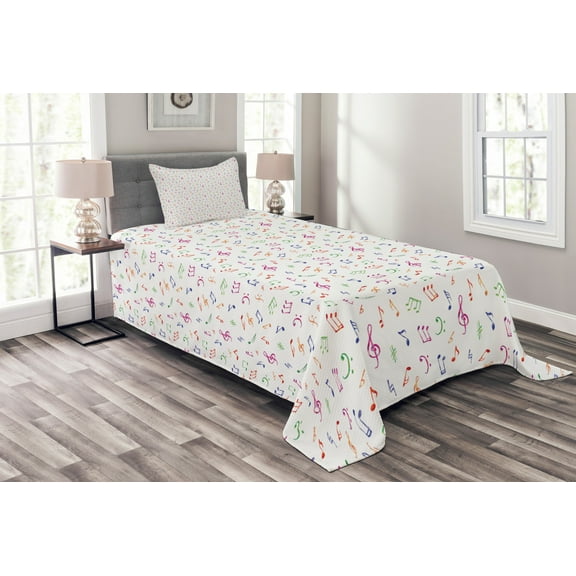 Ambesonne Music Quilted Bedspread Set 2 Pcs, Watercolor Sonic Art, Twin Size, Multicolor