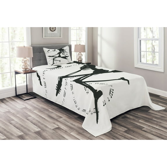 Ambesonne Music Quilted Bedspread Set 2 Pcs, Witch on Guitar, Twin Size, Black White