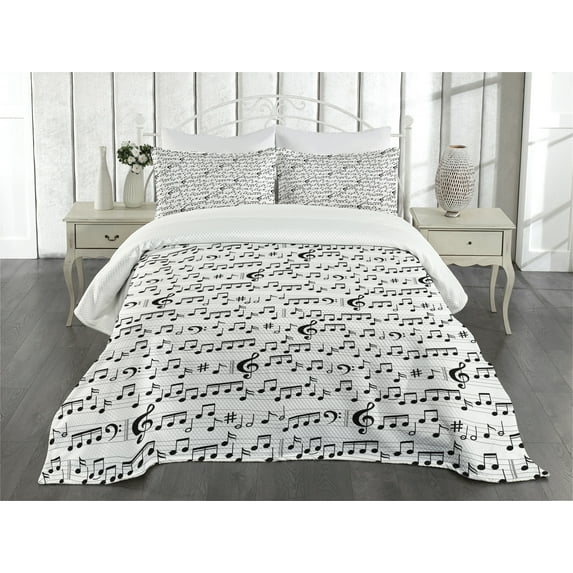 Ambesonne Music Quilted Bedspread Set 3 Pcs, Abstract Clef Sheet, Queen Size, Black White