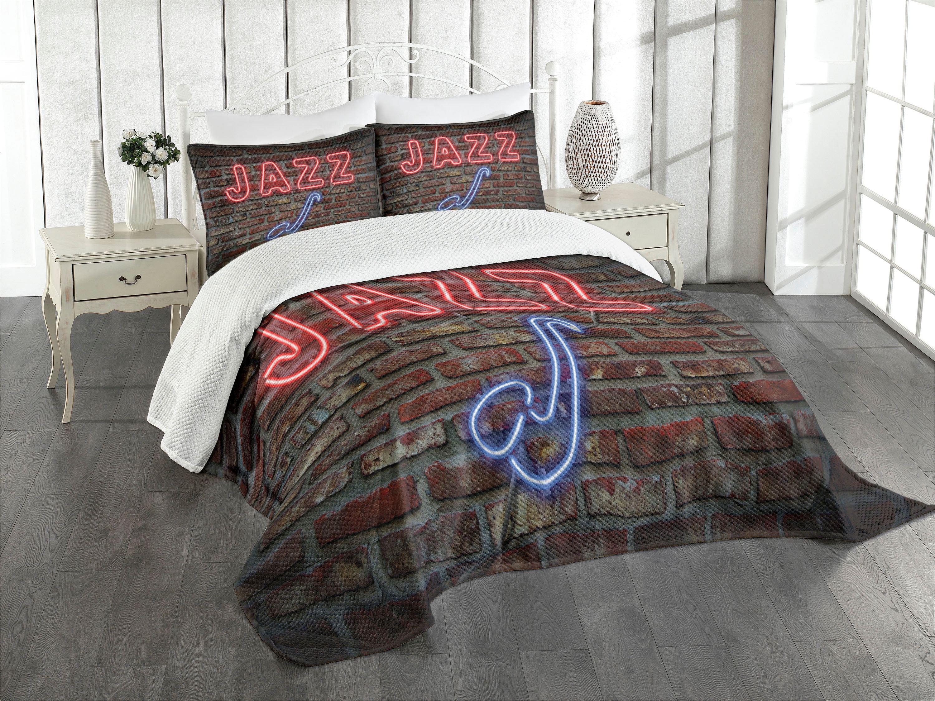 Blue Quilted Queen Bedspread Set with Jazz Design