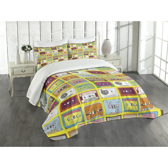Ambesonne Music Quilted Bedspread Set 3 Pcs, Audio Casette Tape, King Size, Multicolor