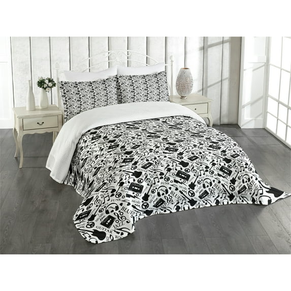 Ambesonne Music Quilted Bedspread Set 3 Pcs, Blues Jazz Punk Rock Sign, Queen Size, Black White