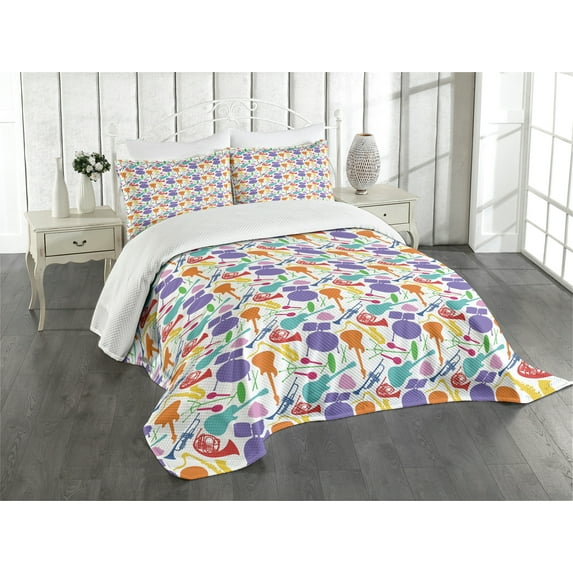 Ambesonne Music Quilted Bedspread Set 3 Pcs, Colorful Instruments Bass, Queen Size, Multicolor