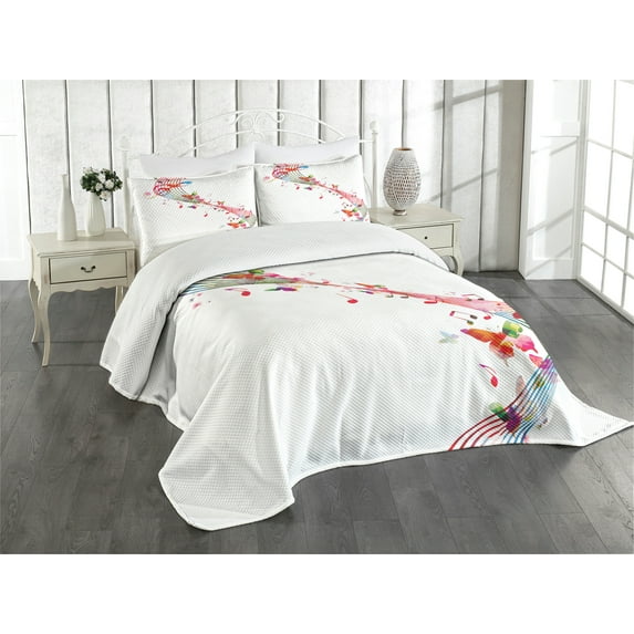 Ambesonne Music Quilted Bedspread Set 3 Pcs, Colorful Notes Butterfly, Queen Size, Multicolor