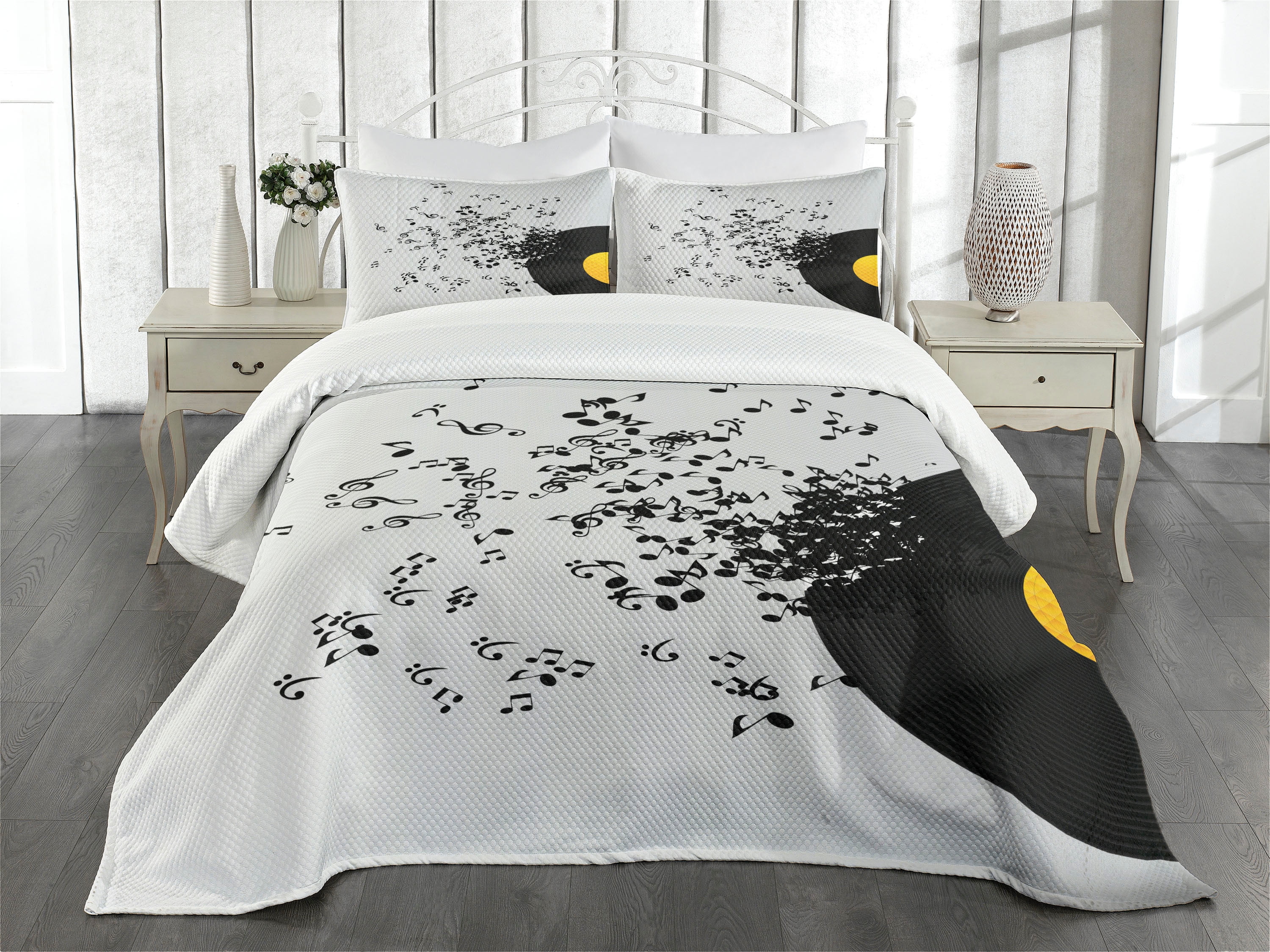 White Quilted King Bedspread Set with Music Notes