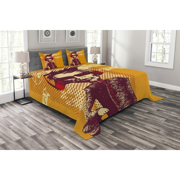 Ambesonne Music Quilted Bedspread Set 3 Pcs, Grotesque Man Headphones, Queen Size, Marigold Maroon