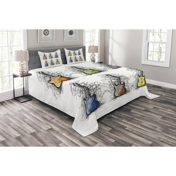 Ambesonne Music Quilted Bedspread Set 3 Pcs, Guitar Collage for Teens, Queen Size, Multicolor