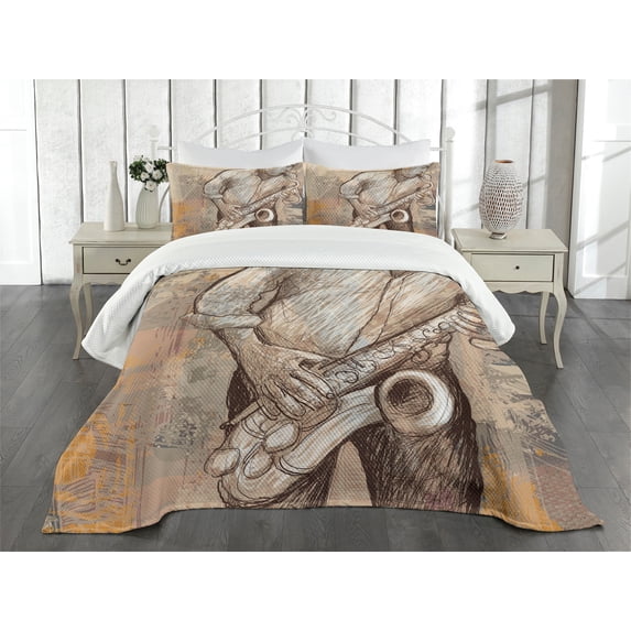 Ambesonne Music Quilted Bedspread Set 3 Pcs, Jazz Musician on Street, Queen Size, Brown Ecru