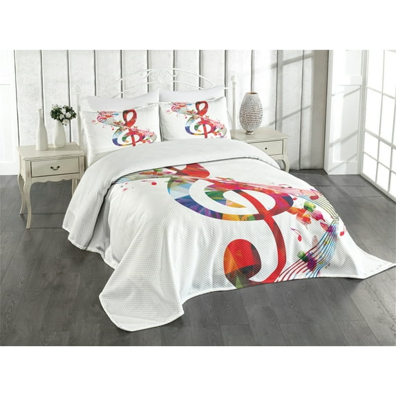 Ambesonne Music Quilted Bedspread Set 3 Pcs, Notes Rhythm Art, King Size, Multicolor
