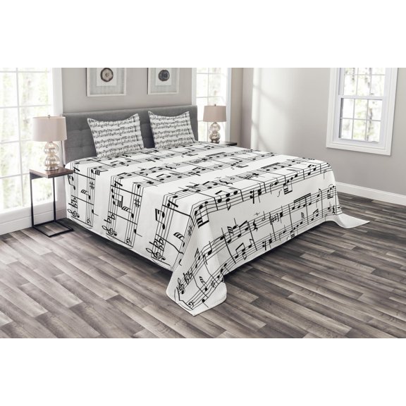 Ambesonne Music Quilted Bedspread Set 3 Pcs, Notes on the Clef, Queen Size, Black and White