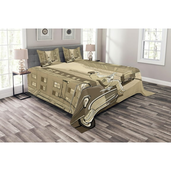 Ambesonne Music Quilted Bedspread Set 3 Pcs, Old Street of New York, Queen Size, Beige