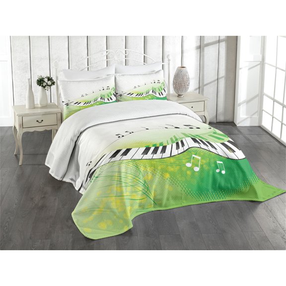 Ambesonne Music Quilted Bedspread Set 3 Pcs, Piano Keys Green Curvy, King Size, Lime Green Black White