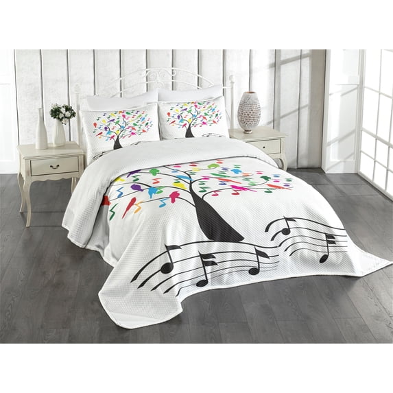 Ambesonne Music Quilted Bedspread Set 3 Pcs, Tree with Notes Happiness, King Size, Multicolor