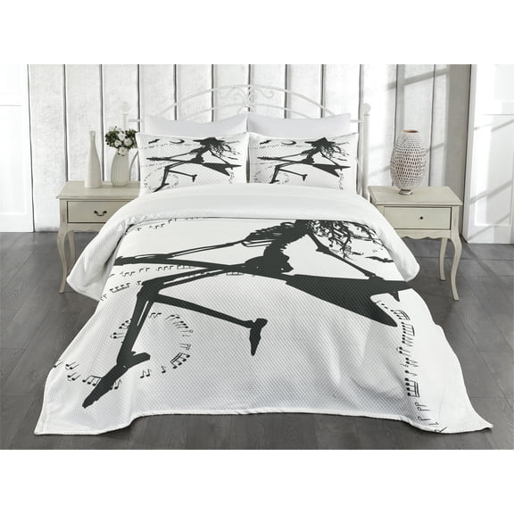 Ambesonne Music Quilted Bedspread Set 3 Pcs, Witch on Guitar, Queen Size, Black White