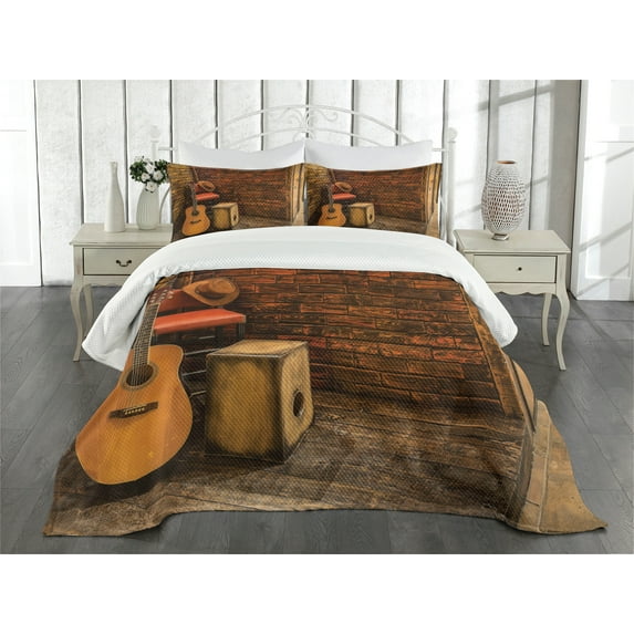 Ambesonne Music Quilted Bedspread Set 3 Pcs, Wooden Stage Pub Cafe, King Size, Dark Orange Sand Brown