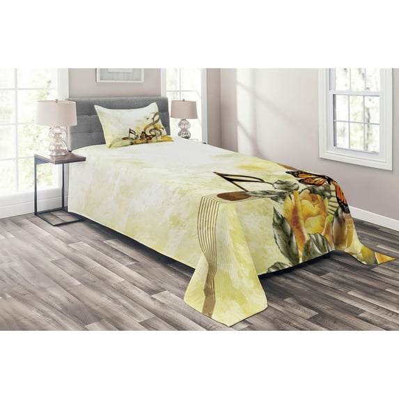 Ambesonne Music Quilted Coverlet 2 Pcs, Bridal Wedding Floral, Twin Size, Sepia and Yellow
