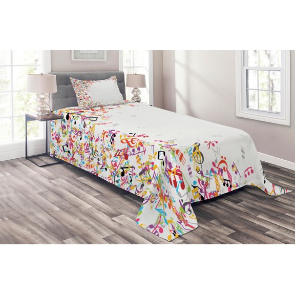 Ambesonne Music Quilted Coverlet 2 Pcs, Colorful Festival Frame, Twin Size, Multicolor