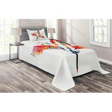 Ambesonne Music Quilted Coverlet 2 Pcs, Feather with Wings Birds, Twin Size, Multicolor