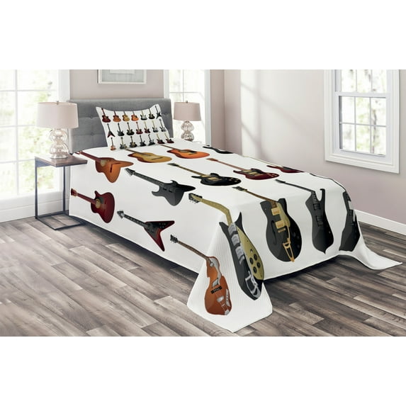 Ambesonne Music Quilted Coverlet 2 Pcs, Guitars Rock and Jazz, Twin Size, Multicolor