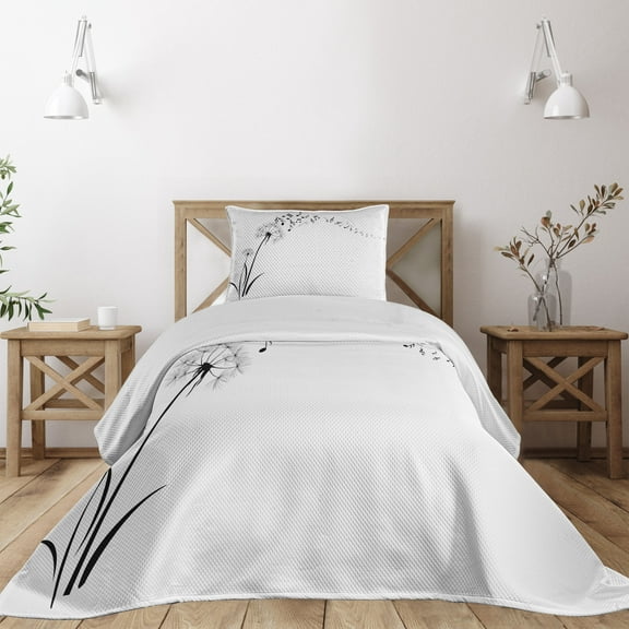 Ambesonne Music Quilted Coverlet 2 Pcs, Meadow Dandelions Floral, Twin Size, Black White