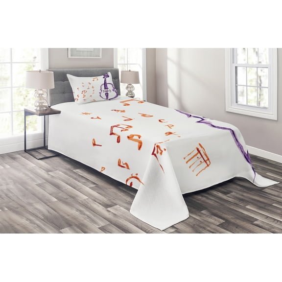 Ambesonne Music Quilted Coverlet 2 Pcs, Musical Note Black Theme, Twin Size, Purple and Red