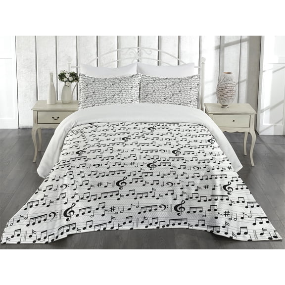 Ambesonne Music Quilted Coverlet 3 Pcs, Abstract Clef Sheet, Queen Size, Black White