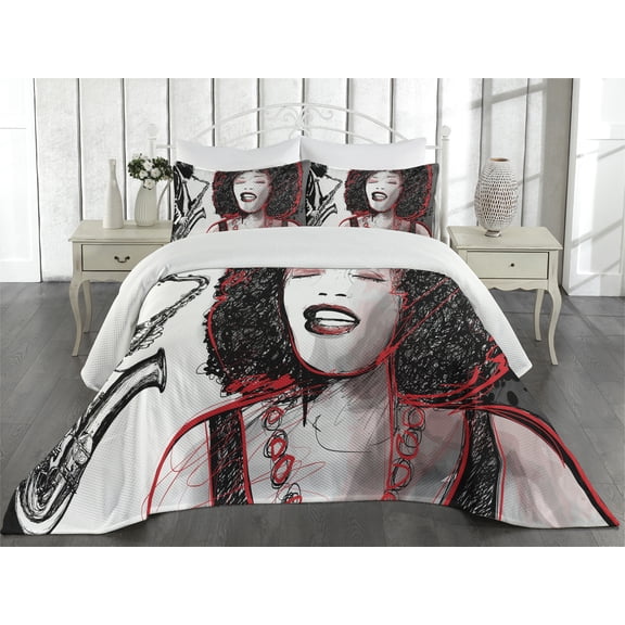 Ambesonne Music Quilted Coverlet 3 Pcs, Afro Lady Sings Jazz Song, King Size, Pale Grey Black