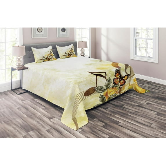 Ambesonne Music Quilted Coverlet 3 Pcs, Bridal Wedding Floral, Queen Size, Sepia and Yellow