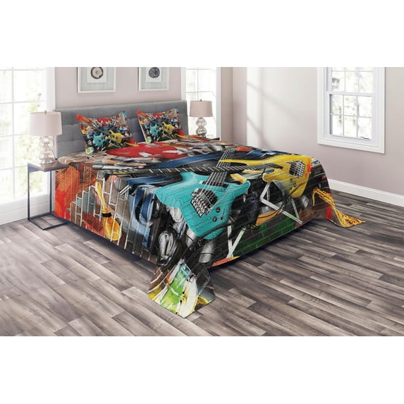 Ambesonne Music Quilted Coverlet 3 Pcs, Collage Instrument Joyful, King Size, Multicolor