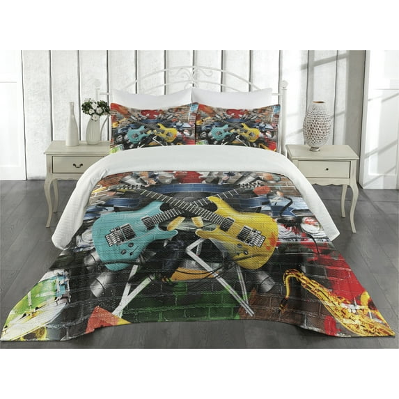 Ambesonne Music Quilted Coverlet 3 Pcs, Collage Instrument Joyful, Queen Size, Multicolor